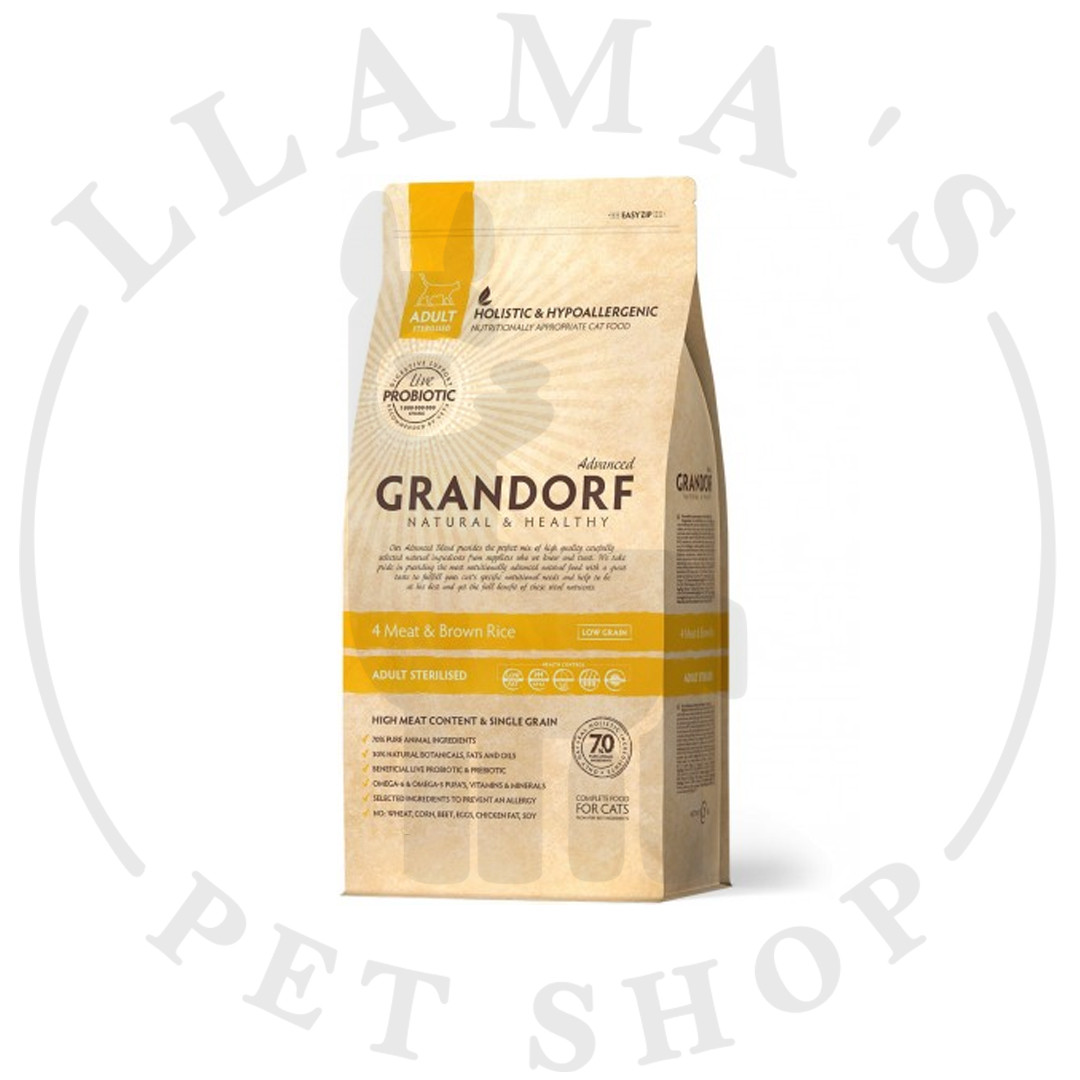 Grandorf Cat 4 Meat & Rice Probiotic Sterilised (4 вида мяса с бурым рисом) 2 кг - фото 1 - id-p105154198