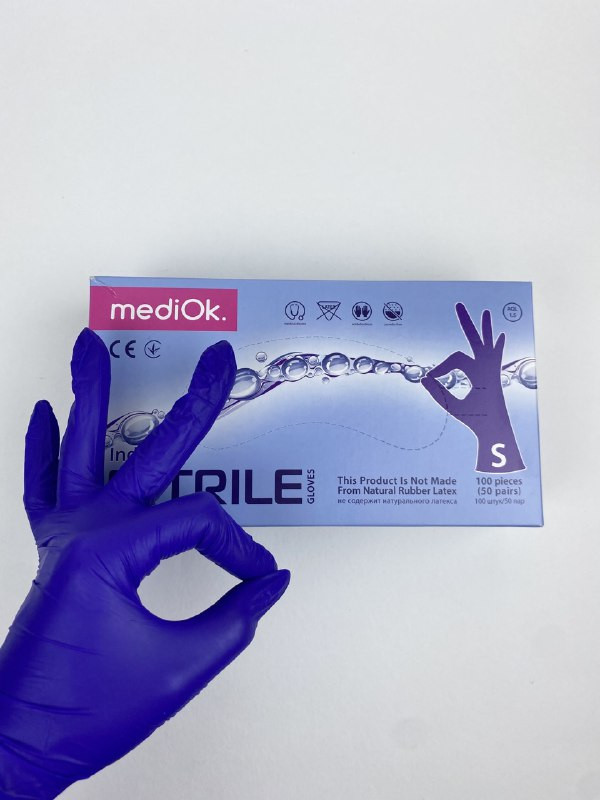 Перчатки нитриловые MediOk неопудренные, ИНДИГО, размер S уп 50 пар (пачки) - фото 1 - id-p102563681