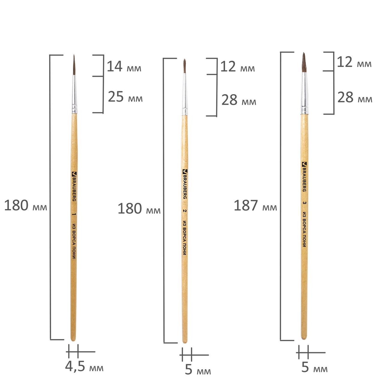 Кисти BRAUBERG, набор 5 шт. (пони, круглые № 1, 2, 3, 4, 5), блистер - фото 2 - id-p105262540