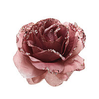 Декор Роза вельвет розовый с блеском на клипсе 14см