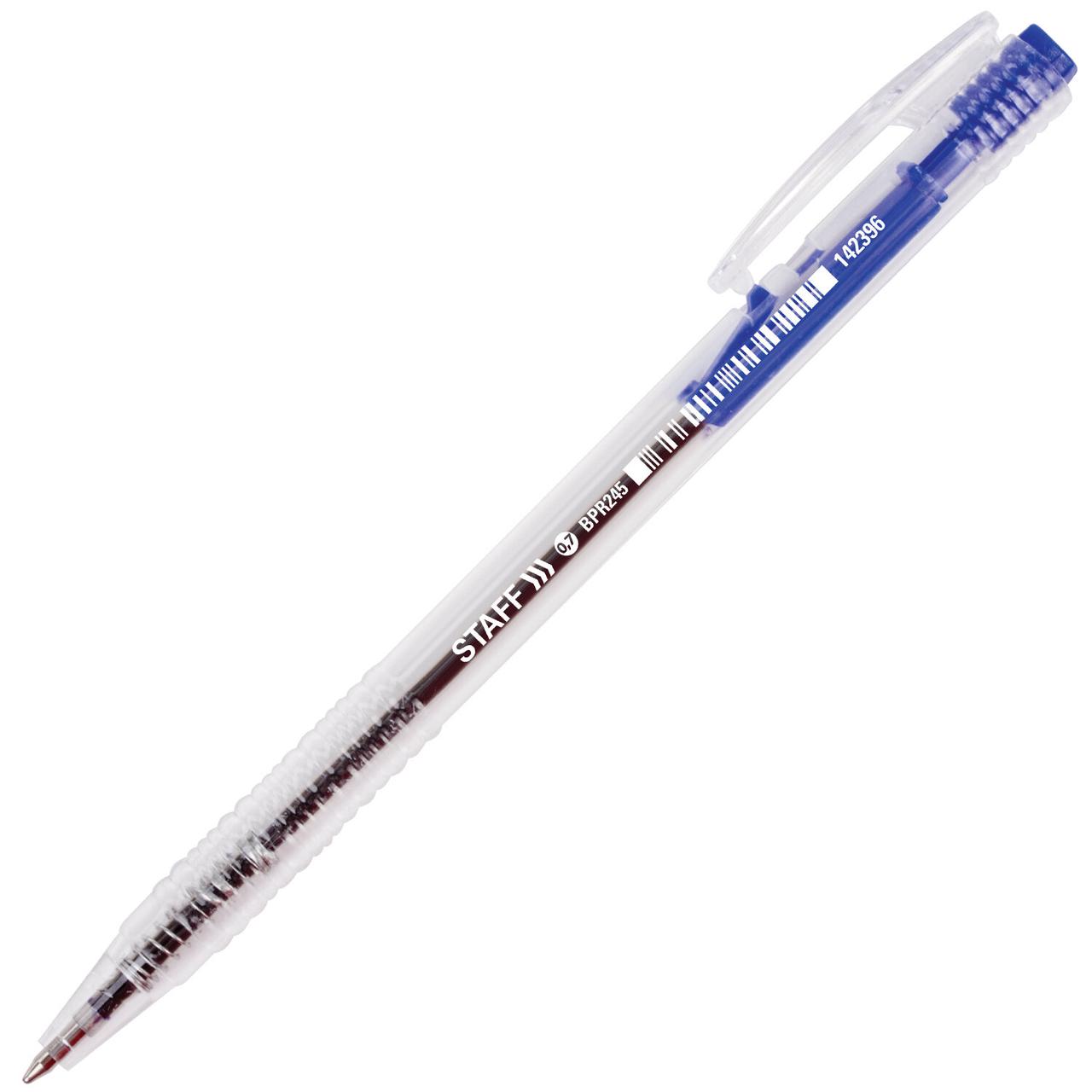 Ручка шариковая автоматическая STAFF "Basic" BPR-245, СИНЯЯ, корпус прозрачный, 0,7 мм, линия письма 0,35 мм