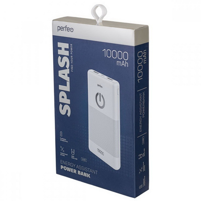 Аккумулятор Perfeo SPLASH Powerbabk 10000 mAh + Micro USB/In Micro USB/Out USB 1A,  2..1A  White
