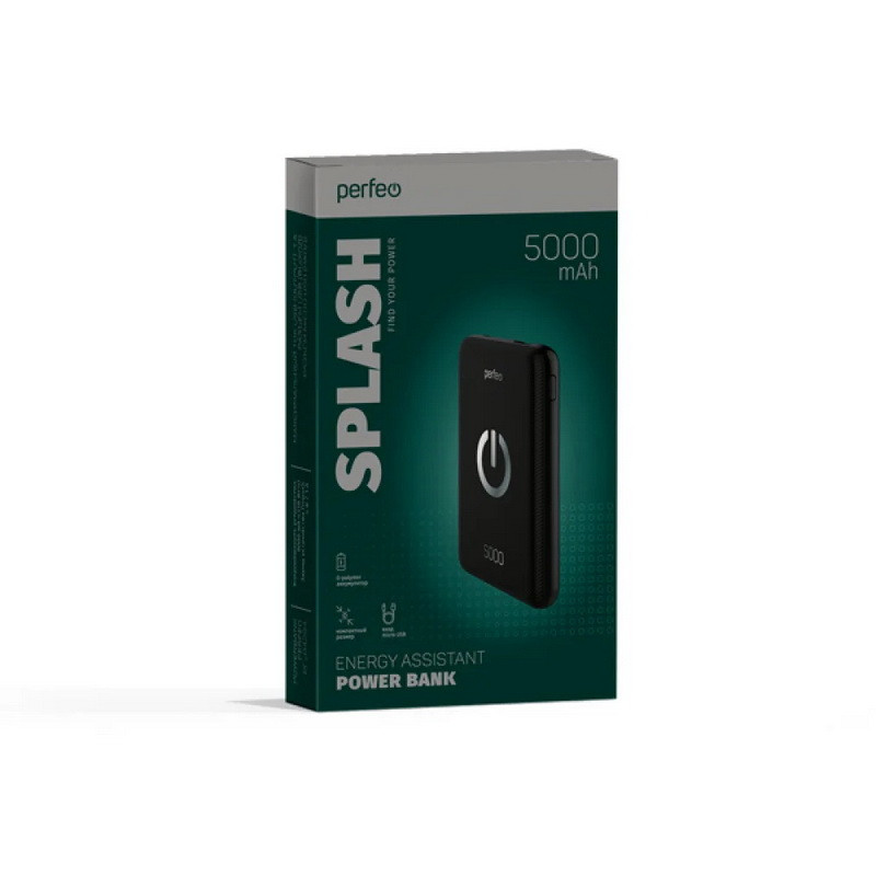 Аккумулятор Perfeo SPLASH Powerbabk 5000 mAh + Micro USB/In Micro USB/Out USB 1A, 2..1A Black