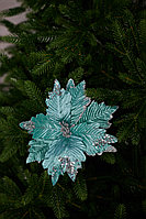 Цветок на елку бирюзовый 25см Пуансеттия на ветке