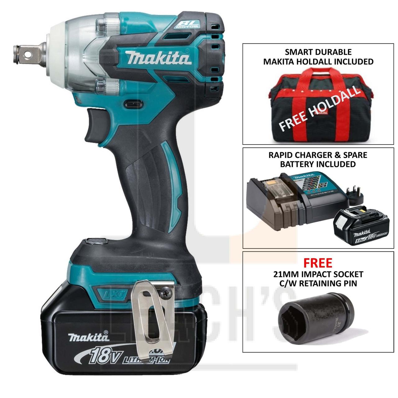 Makita Impact Wrench 18v 5Ah - KIT 1 - Li-ion Brushless, 1/2" Drive, c/w 2 Batteries & Charger / Makita - фото 2 - id-p105318503