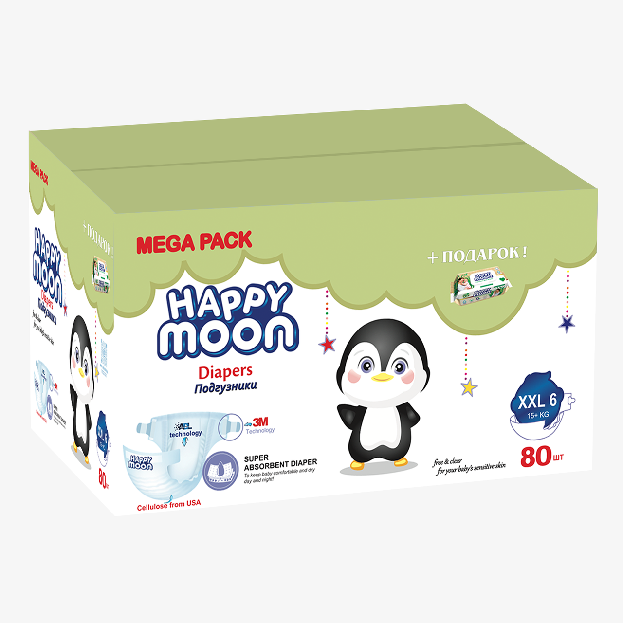 Детские подгузники Happy Moon XXL (6), 15 кг+, 80 шт