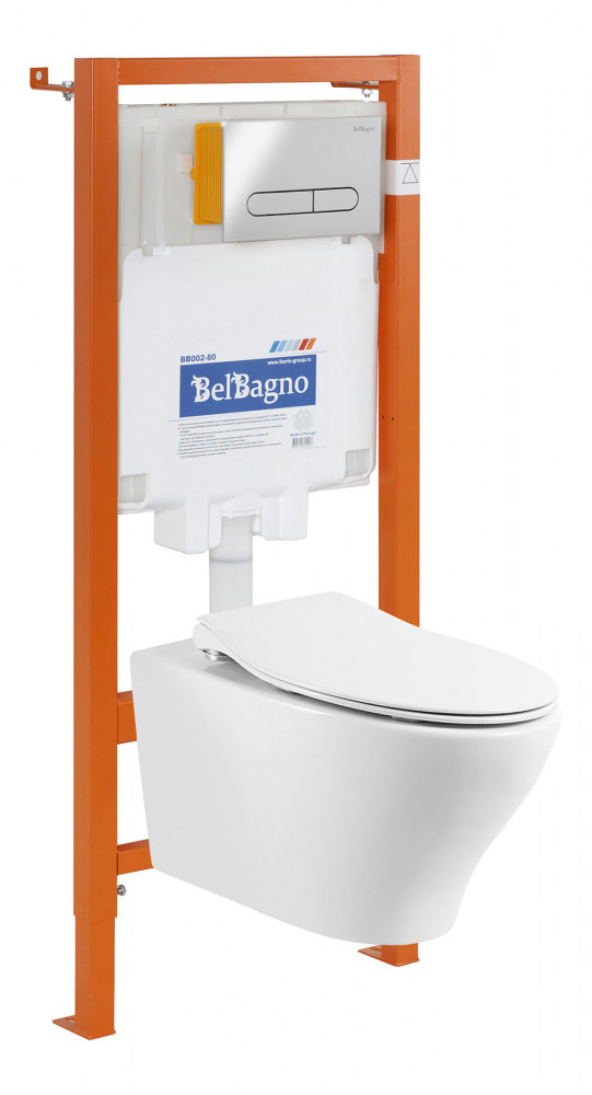Инсталляция BelBagno с унитазом BelBagno Acqua BB340CHR, тонкое сиденье с микролифтом, клавиша хром, комплект