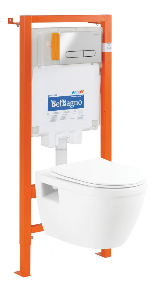 Инсталляция BelBagno с унитазом BelBagno Loto BB070CHR, тонкое сиденье с микролифтом, клавиша хром, комплект 4