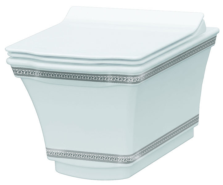 Подвесной безободковый унитаз Boheme Hermitage Chrome с узором, белый, хром, 951-CR