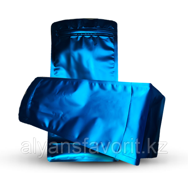 Пакет восьмишовный с плоским дном синий (процесс) матовый с черными фальцами и отрывным замком зип лок