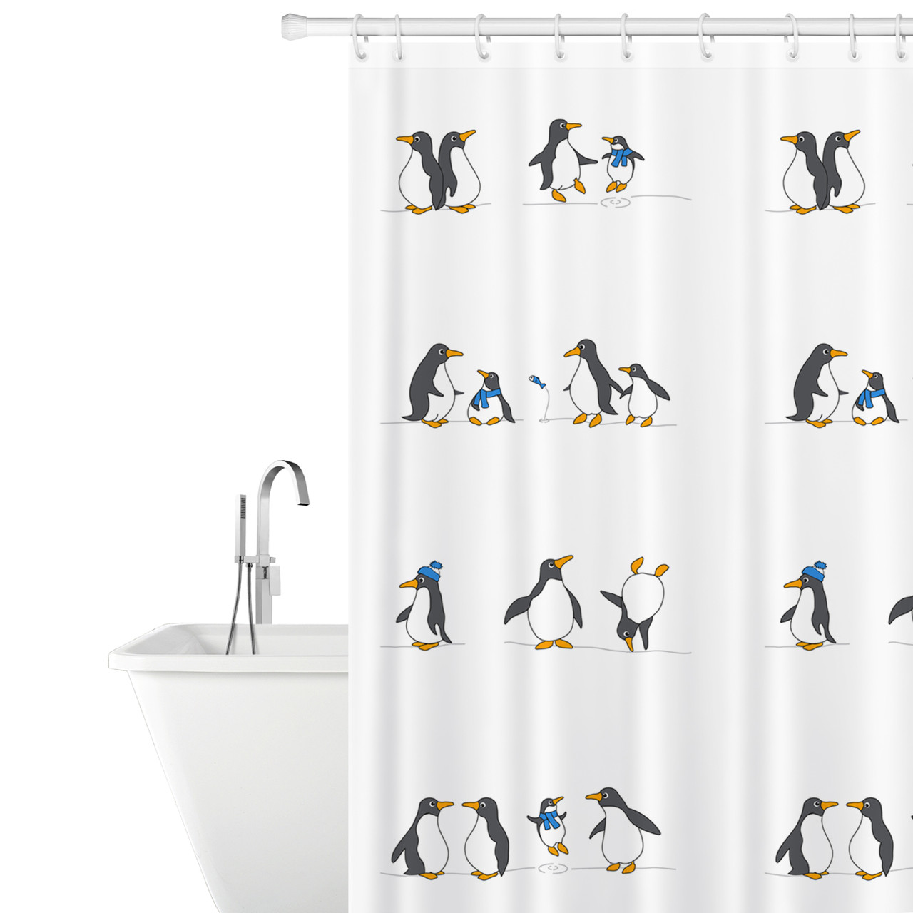 Штора для ванной, текстиль, 180х180 сm, 12 колец в комплекте Tatkraft Penguins 11595