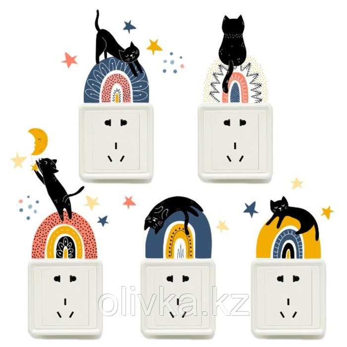Наклейка на выключатель цветная "Чёрные коты и радуга" 30х30 см