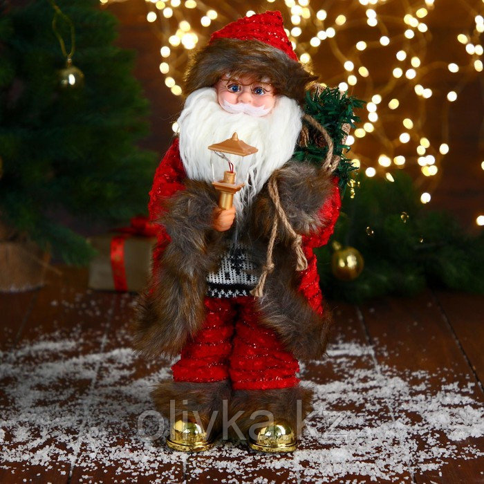 Дед Мороз "В свитере и шубке с коричневым мехом" двигается, фонарь светится, 15х35 см