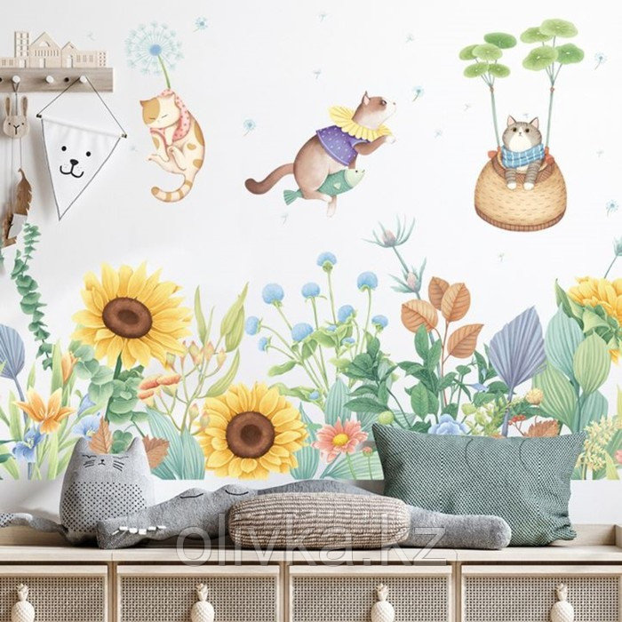 Наклейка пластик интерьерная цветная "Котята в цветочном саду" набор 2 листа 30х85 см