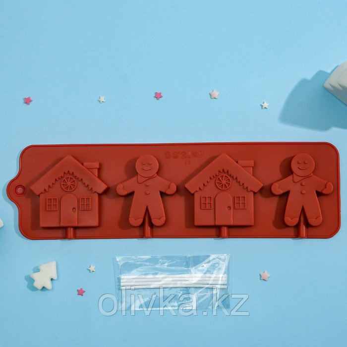 Форма силиконовая для леденцов Доляна «Дом для имбирного пряника», 31×9 см, 4 ячейки, с палочками, цвет МИКС