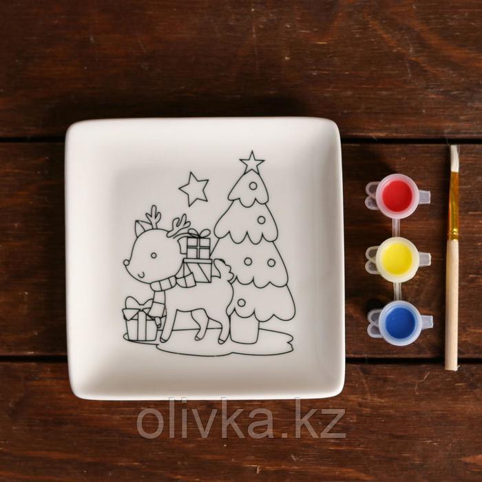Набор тарелка под раскраску «Олень с подарками» краска 3 цв по 2 мл, кисть - фото 2 - id-p105454880