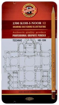 Набор карандашей ч/г Koh-I-Noor 1502 TECHNIC 1502012007PLRU HB-10H шестигран. мет.кор. 12 карандашей