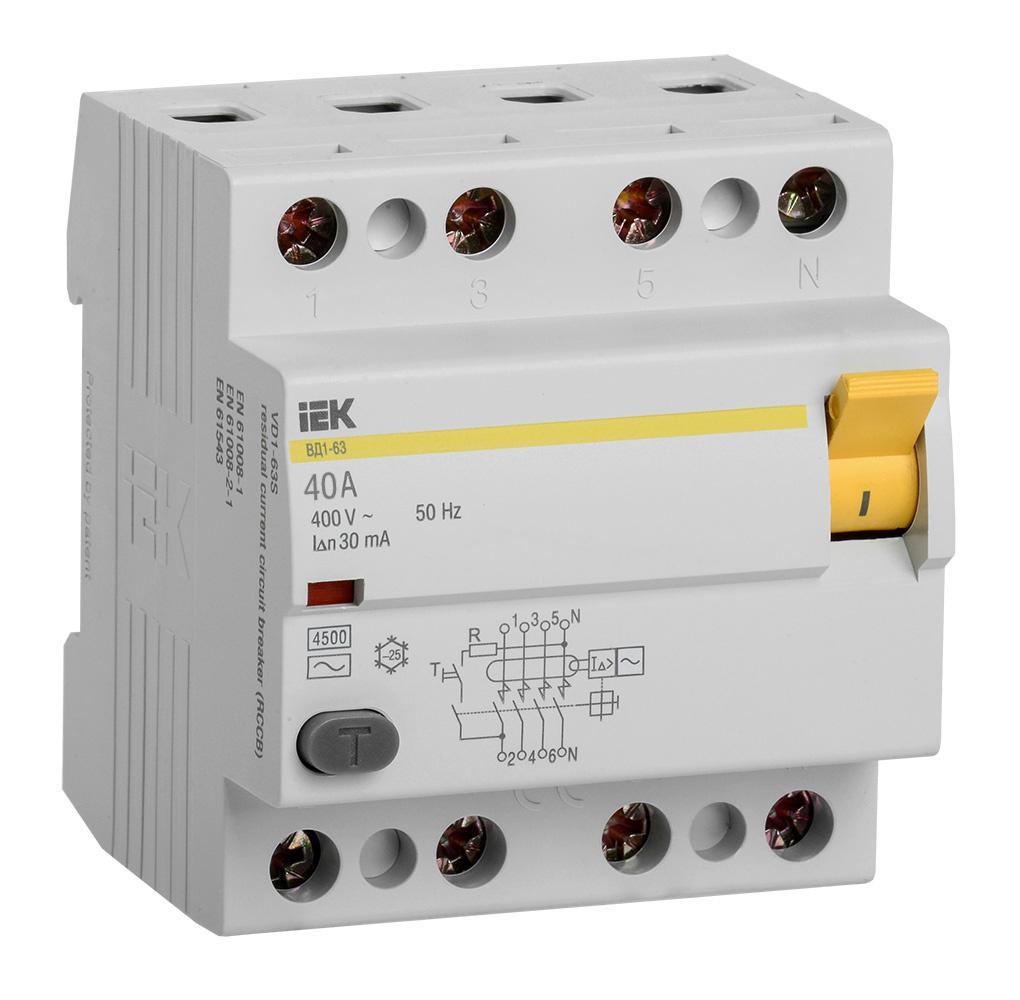 Выключатель дифф.тока УЗО IEK MDV10-4-040-030 ВД1-63 40A 30мА AC 4П 400В 4мод белый (упак.:1шт)
