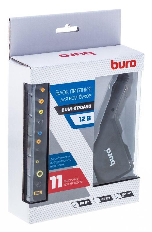 Блок питания Buro BUM-0170A90 автоматический 90W 15V-20V 11-connectors 4.5A 1xUSB 1A от прикуривателя LED