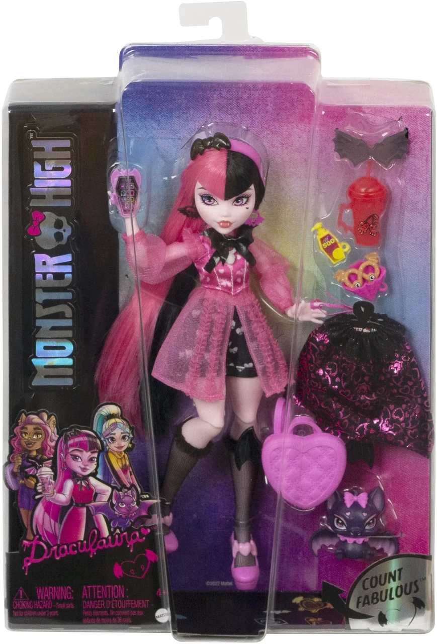 Кукла Monster High Монстер хай Дракулаура с летучей мышью, розовые и черные волосы