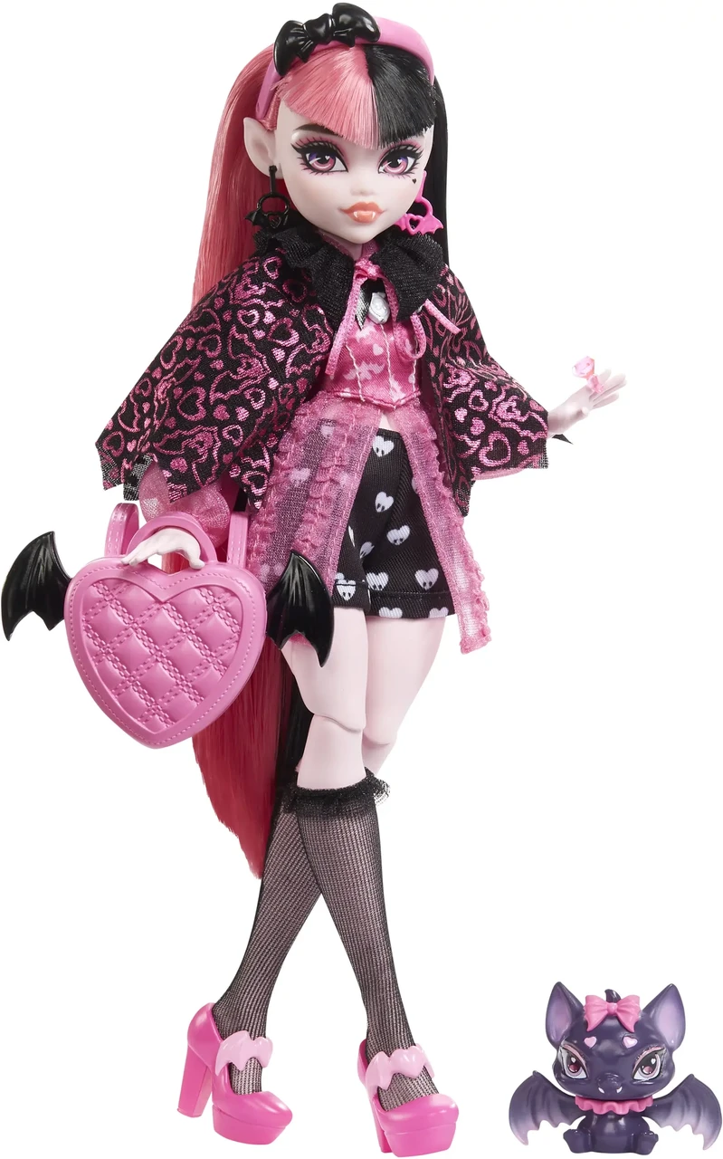 Кукла Monster High Монстер хай Дракулаура с летучей мышью, розовые и черные волосы