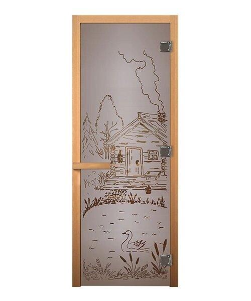 Дверь стекло Сатин Матовая "Банька" 1900х700 мм (8мм, 3 петли, коробка осина, открывание правое) Везувий