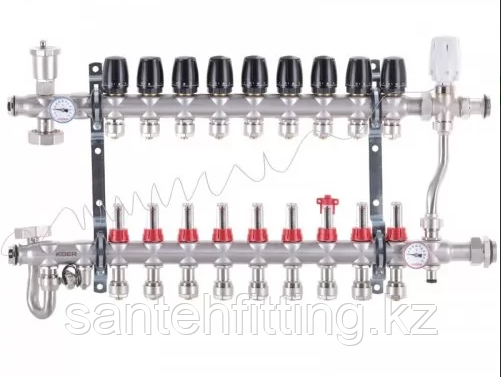 Коллектор со встроенным смесит. узлом 1х9 SUS304 для теплого пола и радиаторов отопления и   евроконусами