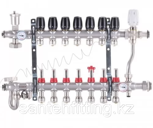 Коллектор со встроенным смесит. узлом 1х7 SUS304 для теплого пола и радиаторов отопления и евроконусами 3/4х16, фото 1