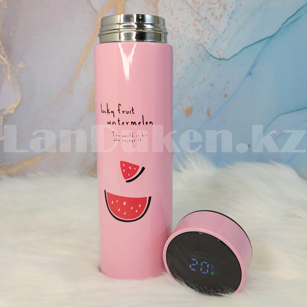 Термос с термодатчиком и заварником 500 мл розовый с рисунком