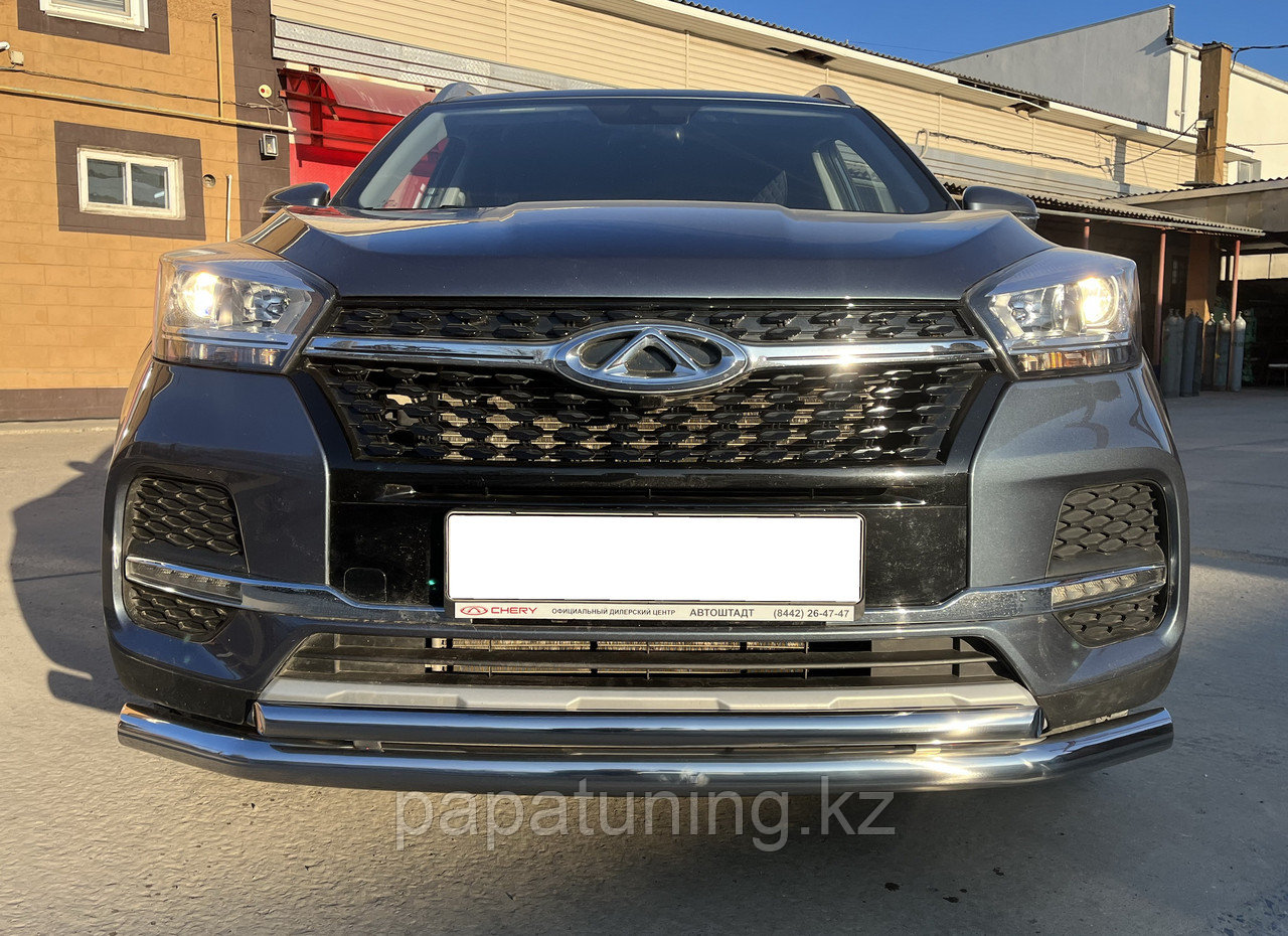 Защита переднего бампера двойная d60/42 ПапаТюнинг для Chery Tiggo 4 рестайлинг 2019-2024