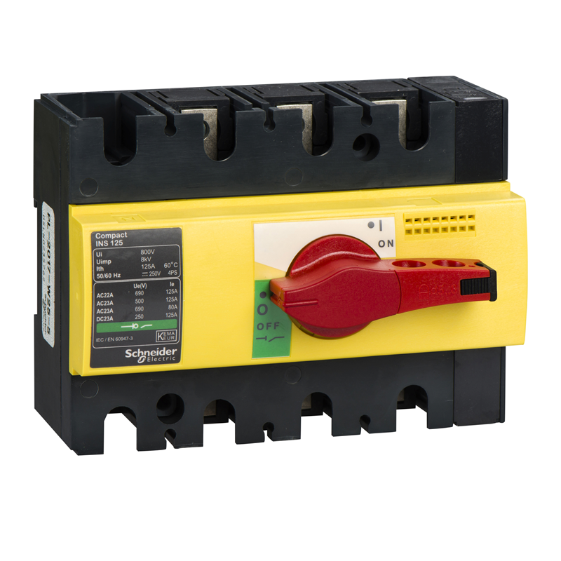 Выключатель-разъединитель 3П Compact INS125 с красной рукояткой и жёлтой передней панелью 28926 - фото 1 - id-p105635135