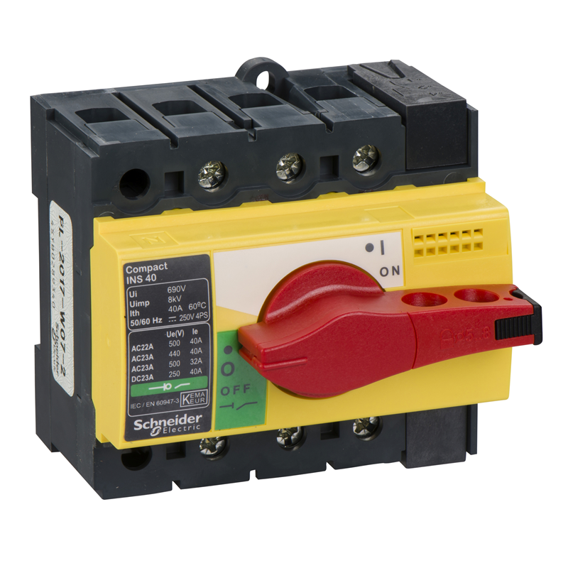Выключатель-разъединитель 3П Compact INS40 с красной рукояткой и жёлтой передней панелью 28916 - фото 1 - id-p105635145