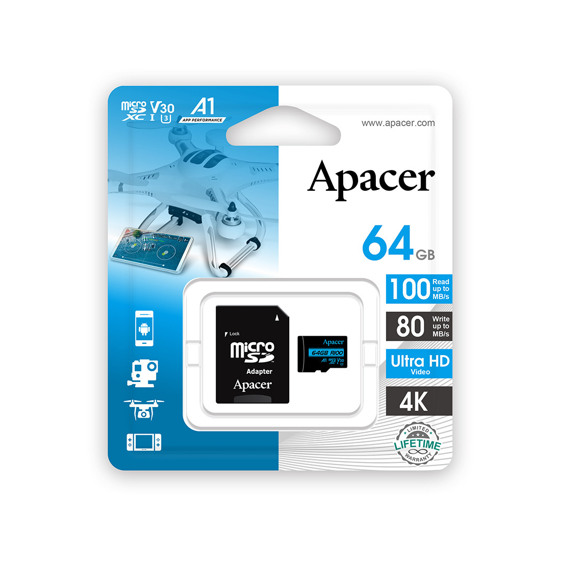 Карта памяти Apacer AP64GMCSX10U7-R 64GB + адаптер - фото 2 - id-p105682957