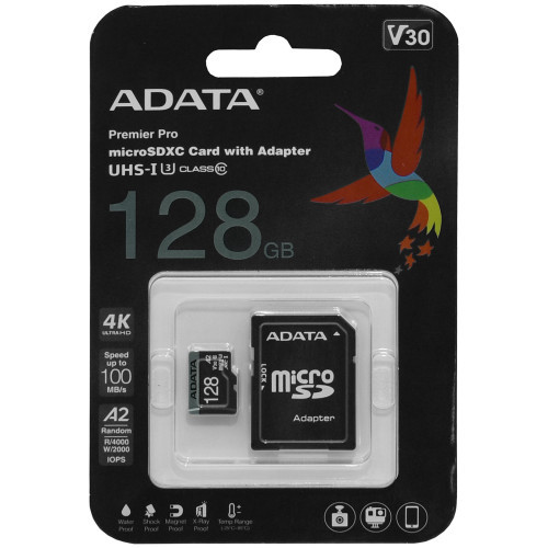 ADATA microSDXC Class 10 + adapter SD флеш (flash) карты (AUSDX128GUI3V30SA2-RA1) - фото 1 - id-p105692665
