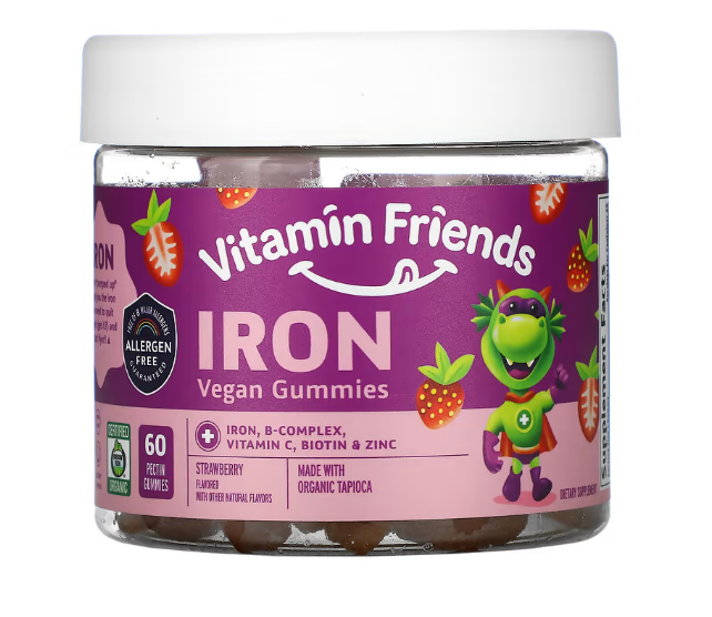 Vitamin Friends, веганские жевательные таблетки с железом, со вкусом клубники, 60 жевательных таблеток с пекти