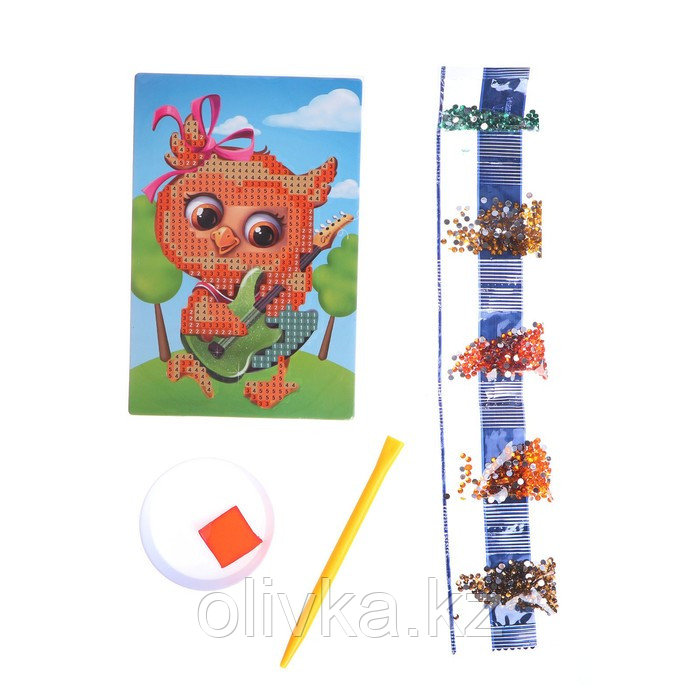 Алмазная мозаика для детей «Совушка с гитарой», 10х15 см. Набор для творчества - фото 4 - id-p88626383