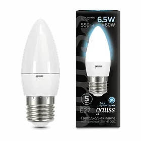 Лампа Gauss Свеча 6.5W 550lm 4100K E27 LED 1/10/100