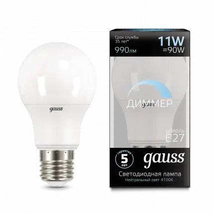 Лампа Gauss A60 11W 990lm 4100K E27 диммируемая LED 1/10/50 - фото 1 - id-p105775555