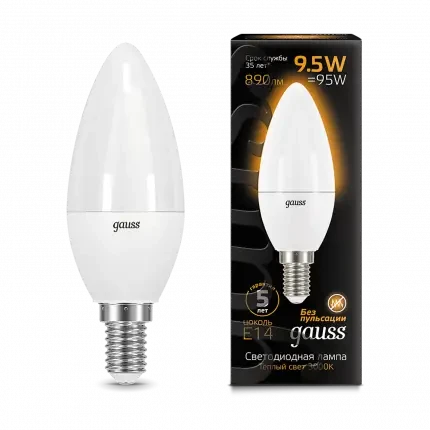 Лампа Gauss Свеча 9.5W 890lm 3000K E14 LED 1/10/100 - фото 1 - id-p105775594