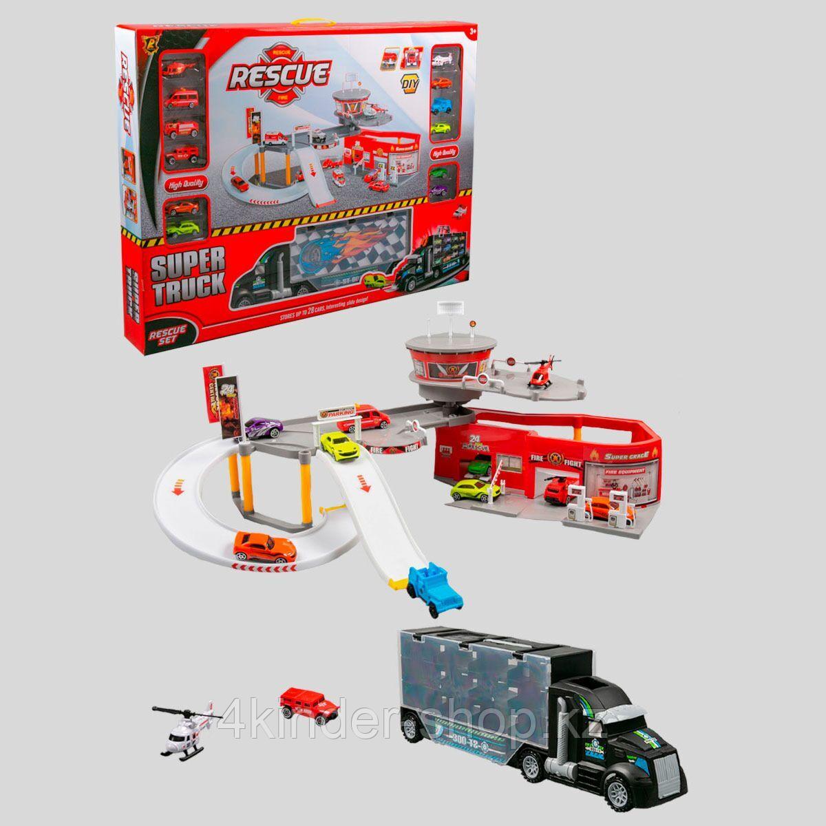 Игровой набор Пожарная станция + Трейлер 12 машинок OS