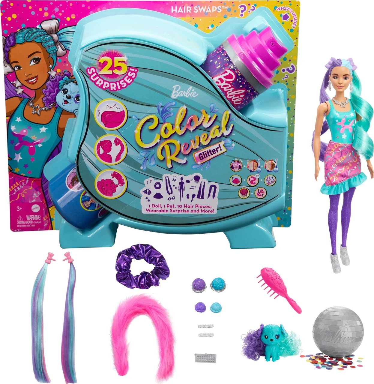 Кукла Блестящий цвет Барби!  обмена волосами, блестящий фиолетовый с 25 сюрпризами