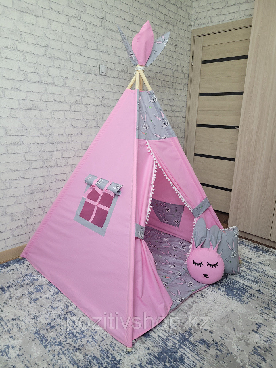 Детский домик вигвам четырехгранный Розовый Зайка - фото 1 - id-p105834766