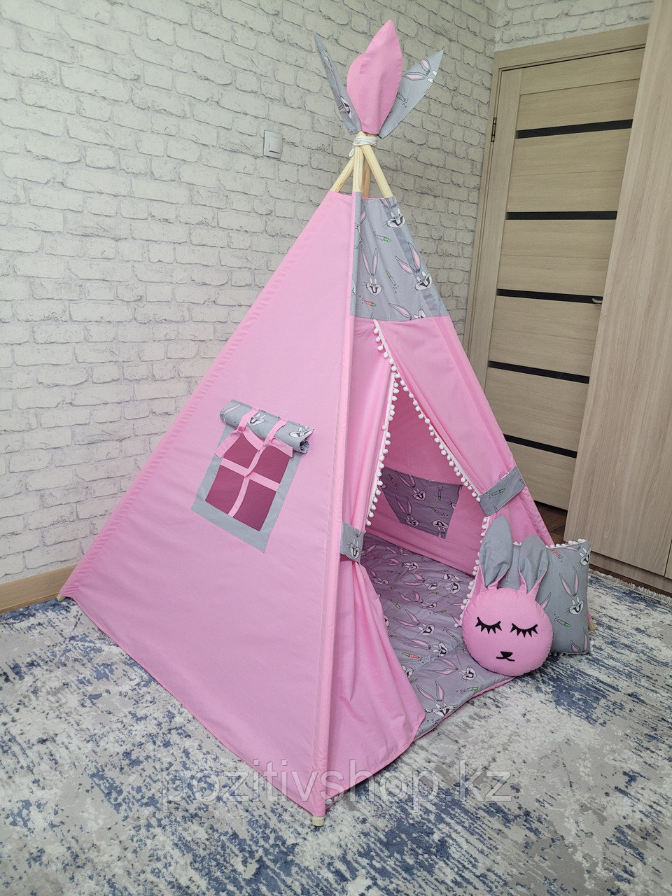 Детский домик вигвам четырехгранный Розовый Зайка - фото 2 - id-p105834766