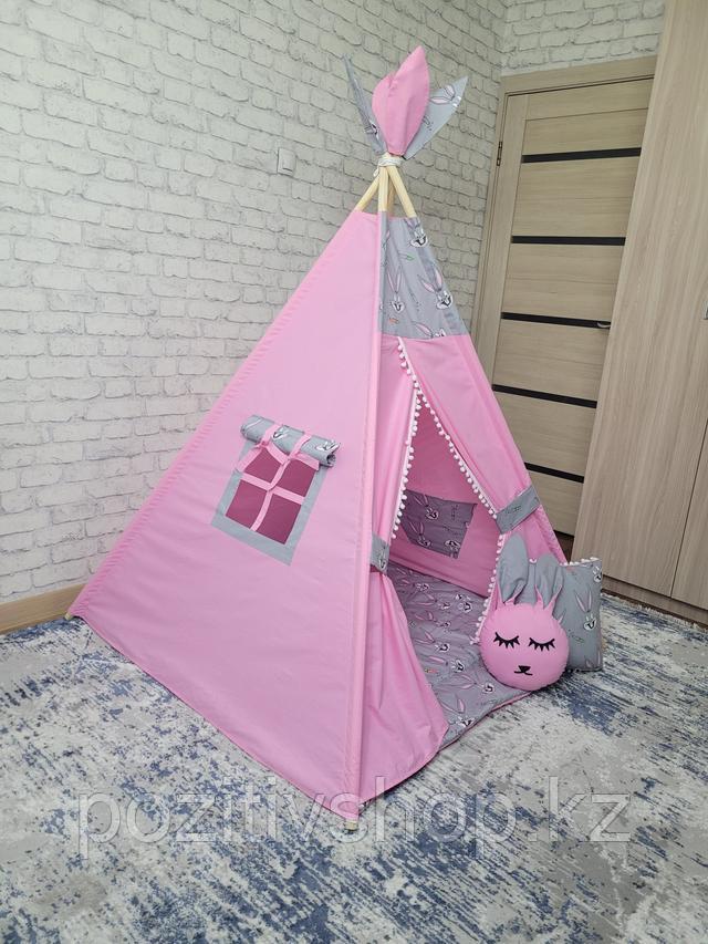 Детский домик вигвам четырехгранный Розовый Зайка