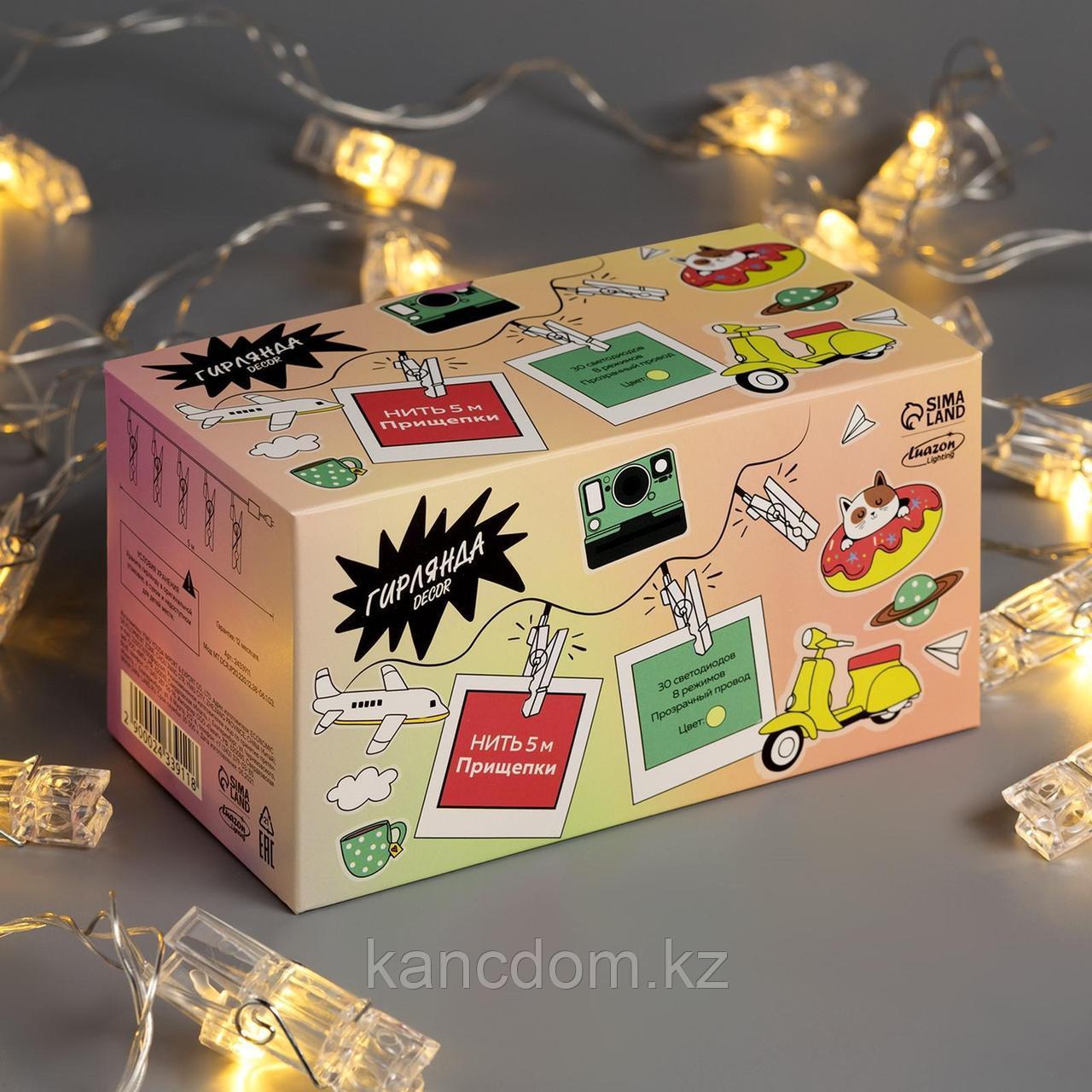 Гирлянда "Нить" 5 м с насадками "Прищепки", IP20, прозрачная нить, 30 LED, свечение тёплое белое