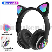 Беспроводные наушники стерео Bluetooth с микрофоном LED подсветкой и радио складные Cat Ears черные