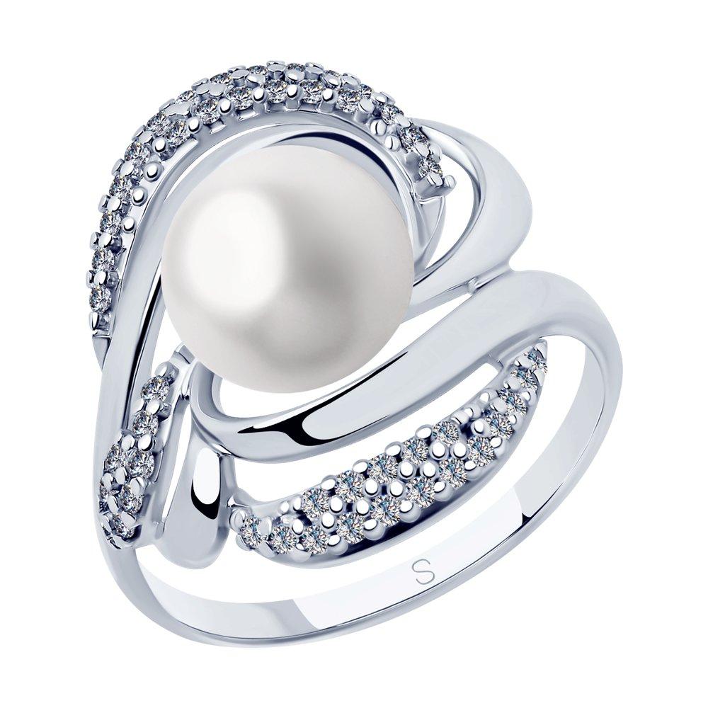 Кольцо из серебра с натуральным жемчугом и фианитом - размер 17,5