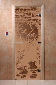 Дверь "Лебединое озеро" (бронза матовое) 1900х700, 8 мм, 3 петли, коробка ольха, Банный Эксперт