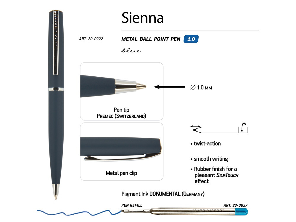 Ручка Sienna шариковая автоматическая, синий металлический корпус, 1.0 мм, синяя - фото 3 - id-p106044475