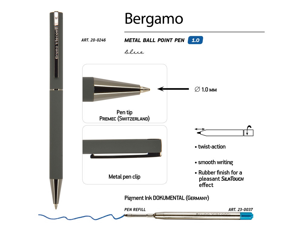 Ручка Bergamo шариковая автоматическая, серый металлический корпус, 1.0 мм, синяя - фото 3 - id-p106044481